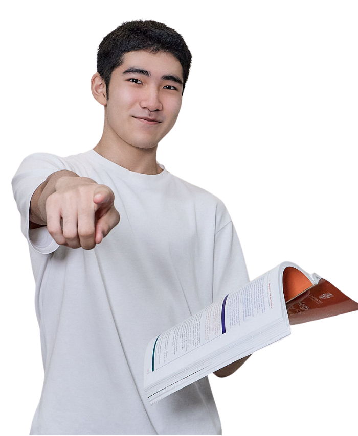 GL Academy student pointing at you, holding a Headway book